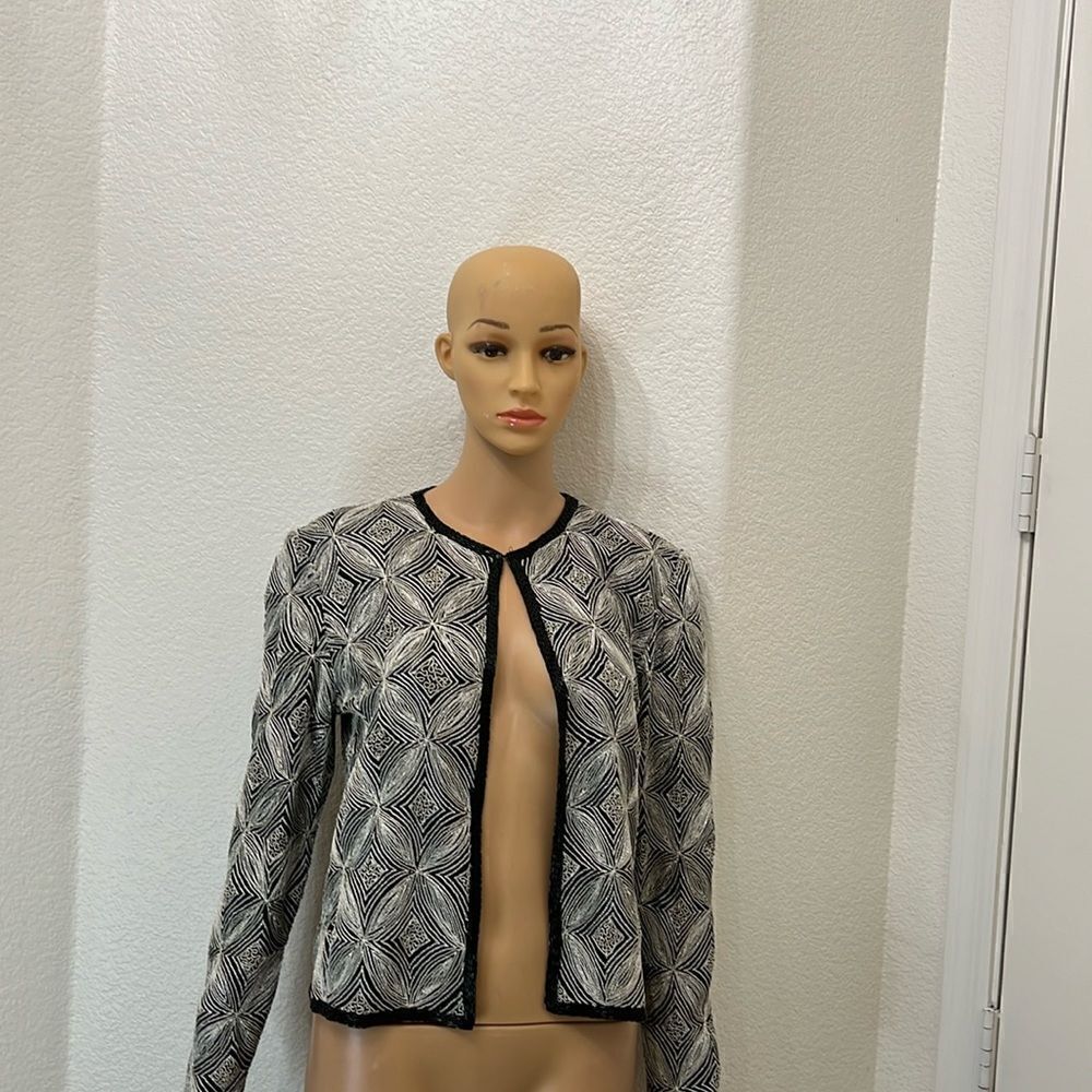 Papell Boutique Evening Jacket Sz Small Black Diamond Silver Shell 💯% Silk New